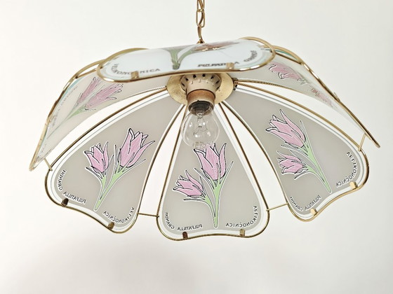 Image 1 of Vintage hanglamp met bloemblaadjes / Retro botanische messing plafondkroonluchter / Glazen tulp hanglamp uit de jaren 80