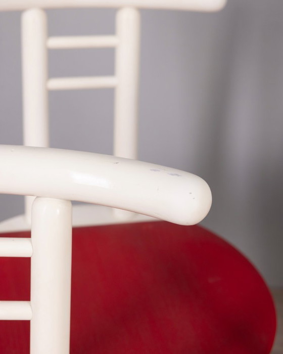 Image 1 of Set di 4 sedie vintage anni '80 in legno e vinile rosso, design italiano.