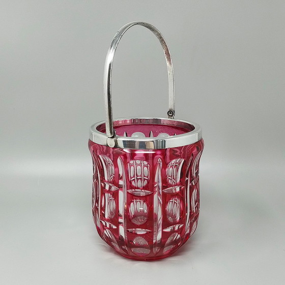 Image 1 of 1960s Gorgeous Bohemian Red Cut Crystal Glass Cocktail Shaker With Ice Bucket. Fabriqué en Italie