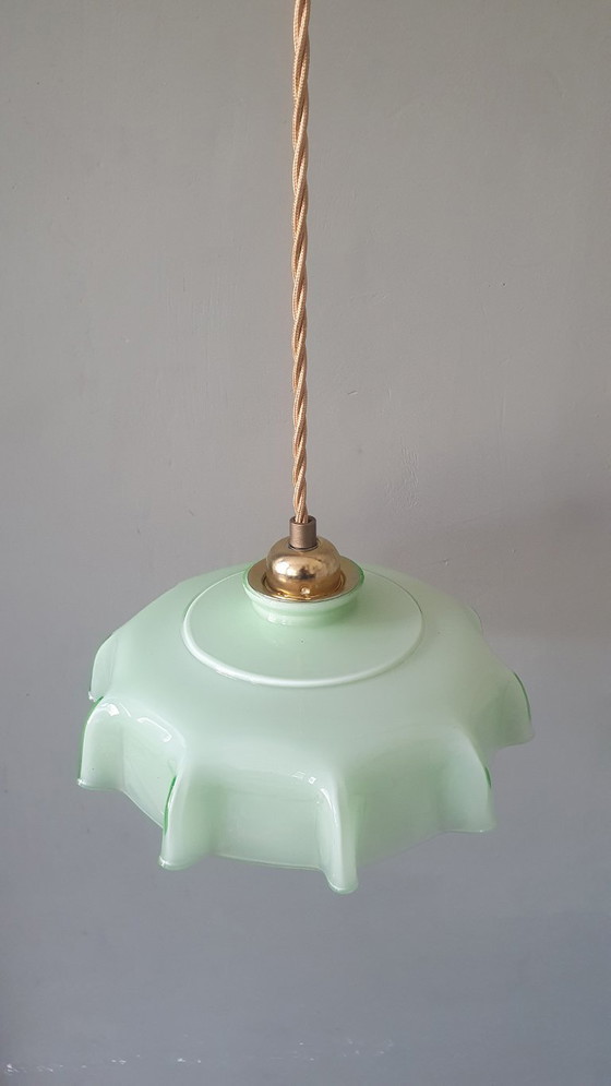 Vintage French Pendant Lamp - Pastel Green Opaline Glass. – Metal (photo 4 of 19)
