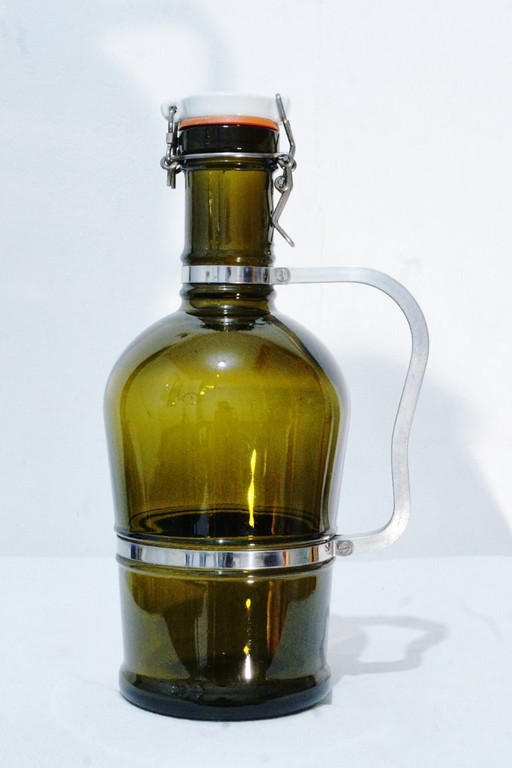 Gourde à bière vintage en verre ambré de 2 litres avec poignée en métal