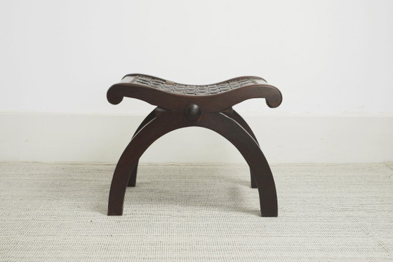 Spanish Revival Leather Stool Woven Leather Footstool Vintage Spanish Colonial Ottoman Rustic Wood Accent (photo 6 of 19)