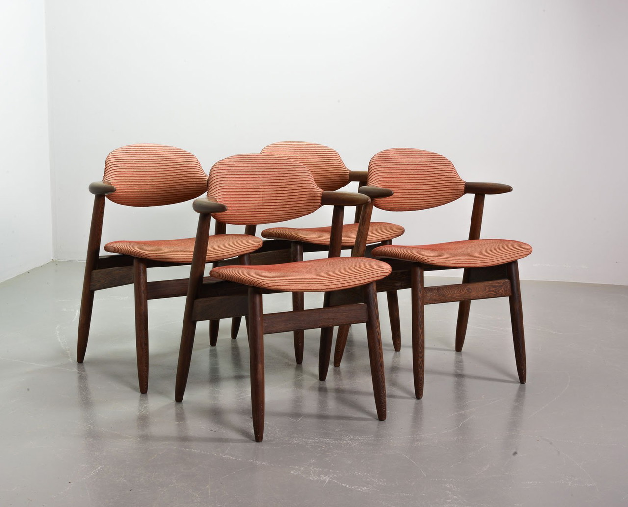 Authentic Cowhorn Tijsseling Dining Chairs with Wenge Wood Frame and Stone Red Upholstery by Hulmefa - Set of 4