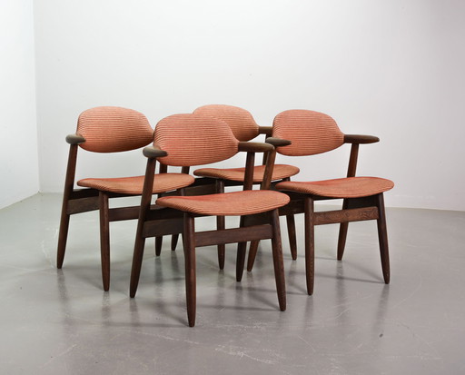 Authentic Cowhorn Tijsseling Dining Chairs with Wenge Wood Frame and Stone Red Upholstery by Hulmefa - Set of 4