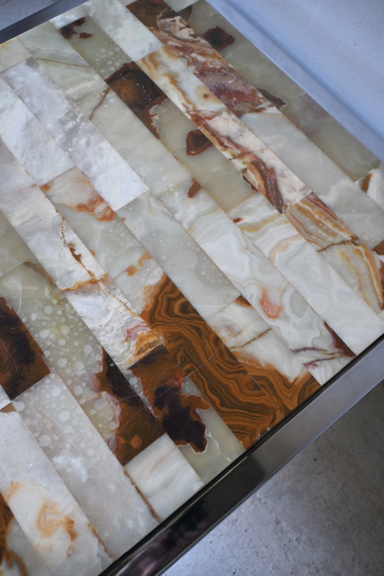 Vintage 70s Design Side Table, Onyx Mosaic & Chrome – Coffee tables, Stone, Metal (photo 6 of 12)