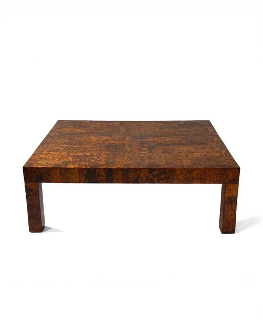 Low Table in Patchwork Elmwood Burl, Large Format. Belgium, late 1990s – salontafels