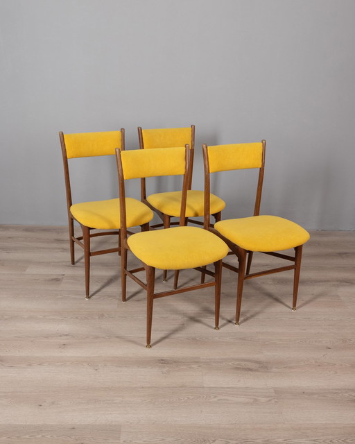 Set Of 4 Vintage 60S Chairs In Wood And Yellow Fabric Italian Design