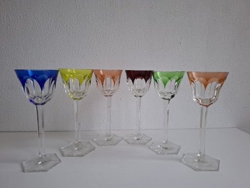 6 Colored Vintage Crystal Wine Glasses
