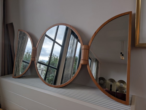 Image 1 of Vintage Mid Century style Danish Design PEDERSEN & HANSEN heavy massive teak wooden wall mirror from the 60/70s