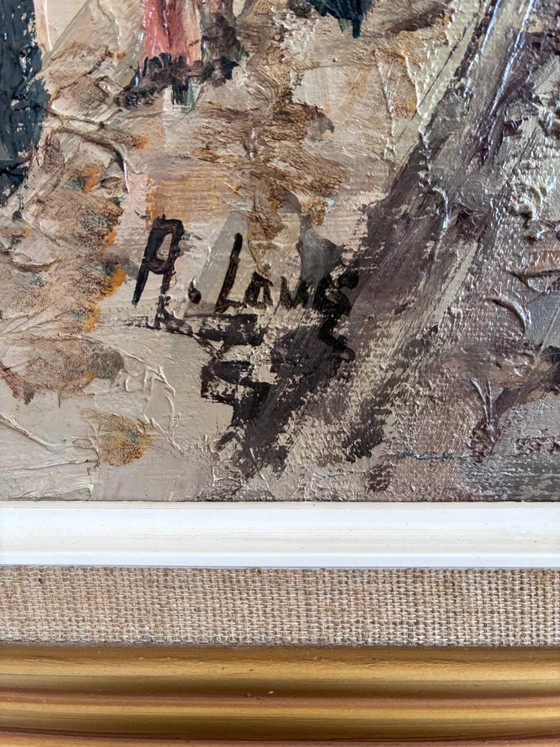 Image 1 of Peinture à l'huile originale d'époque représentant un paysage urbain bordé de canaux, datant des années 1970.