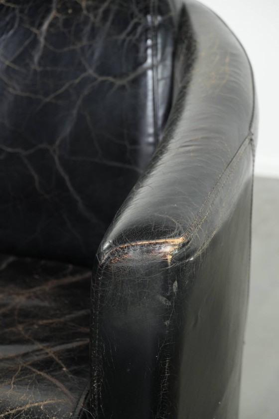 Image 1 of 2x rugged black vintage cowhide Aviator design armchairs with a distinctive look