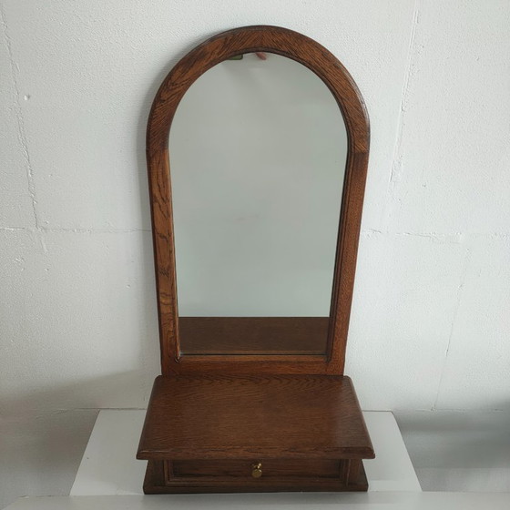 Image 1 of Vintage oak wooden wall mirror with drawer