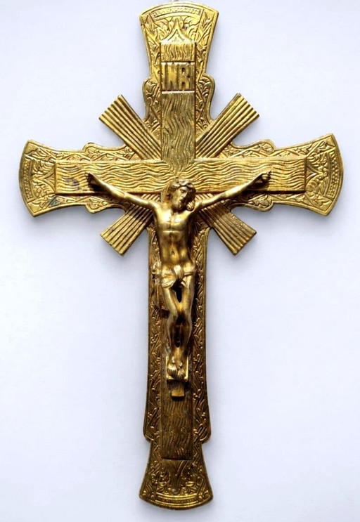 Wunderschönes antikes französisches Art Deco Kruzifix - Messing / Bronze