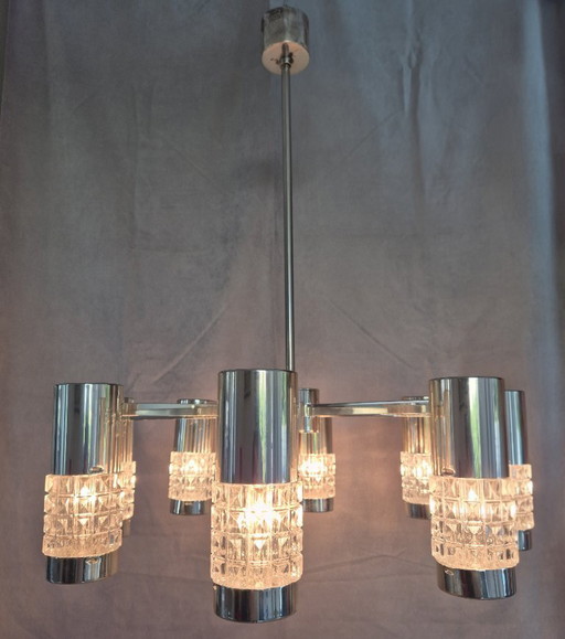 Lustre Kaiser Leuchten 42481/081 Vintage en chrome et verre texturé, 8 lumières, Allemagne, style moderne du milieu du XXe siècl