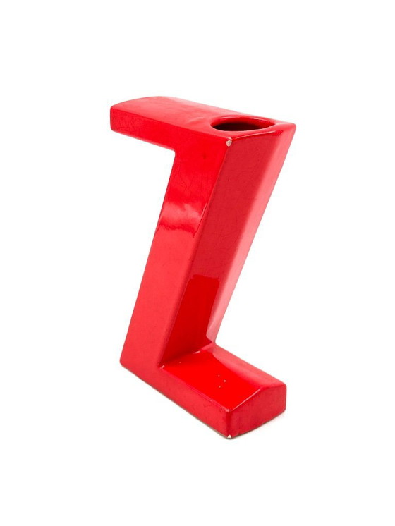 Image 1 of Jarrón de cerámica solifleur en forma de letra Z roja de la era espacial, Marcel Radureau Francia ca. 1970