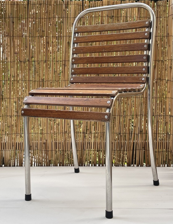 Image 1 of Franse bistrostoelen stapelbaar (set van 4) van chroom en hout