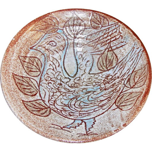 Vintage bird motif dish in accolay ceramics, 1950