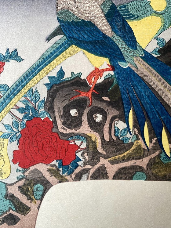 Image 1 of Estampe japonaise authentique sur bois - Oiseaux et fleurs - Éventail - Regravée dans les années 1920