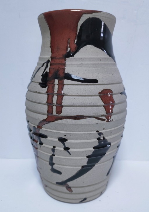 Tenmoku stoneware vase signed cp