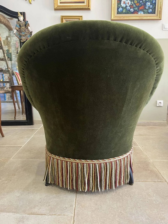 Chaise longue vintage in velluto verde scuro con frange multicolori. – Wood, Velvet, Art Nouveau (photo 9 of 18)