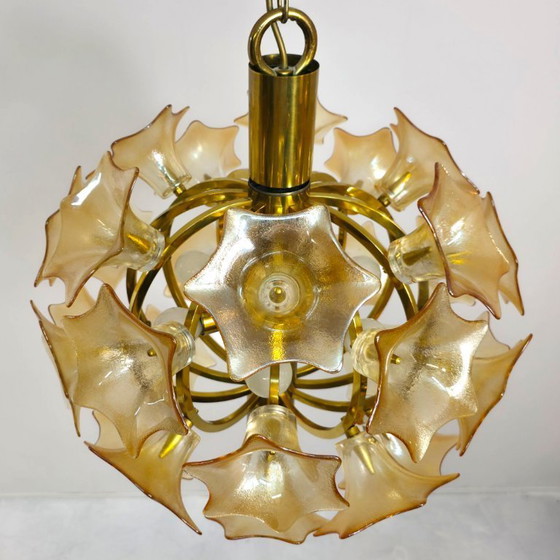 Image 1 of Lampe sphérique Sische avec fleurs de Murano couleur orange/cuivre années 60