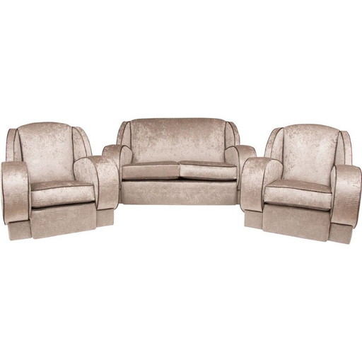 Set da salotto vintage in tessuto argentato con 1 divano e 2 poltrone