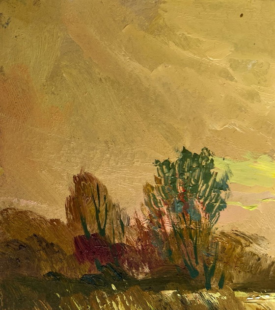 Image 1 of Origineel olieverfschilderij: Herfstboslandschap. Een rustige avond in oranje tinten.