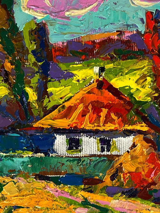 Image 1 of Dipinto ad olio originale Paesaggio rurale Casa Vita di campagna Un sentiero vicino al villaggio