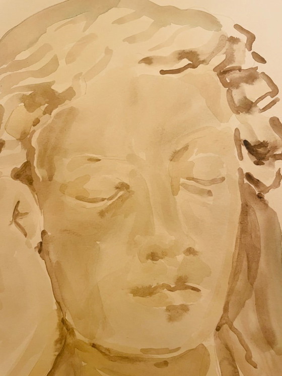 Image 1 of Retrato de una mujer en acuarela sepia monocromática, "pensamiento".