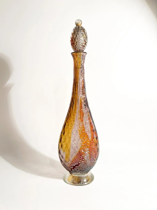 80er Jahre Mehrfarbige Murano Glasflasche mit Blattsilber