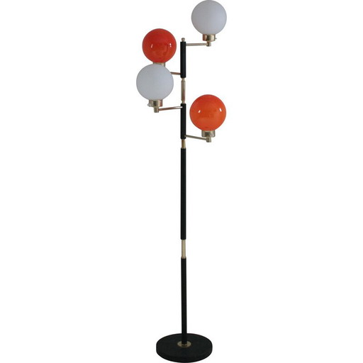 Vintage metalen, messing en opaline vloerlamp voor Arlus, Frankrijk 1950