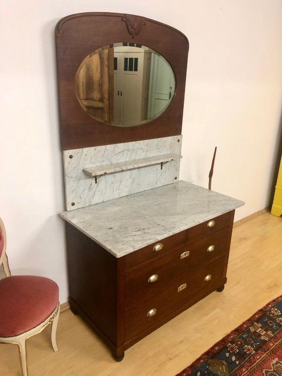 Image 1 of Jugendstil Kommode / Art Deco Kommode / Waschtisch / Schminktisch / Spiegelkommode mit Marmorplatte und facettiertem Spiegel um 