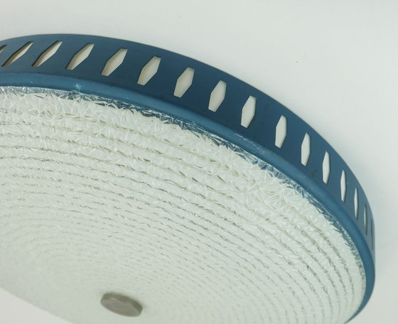 Image 1 of rare large mid century modern CEILING LIGHT by hillebrand 1960s flush mount textured glass blue metal frame