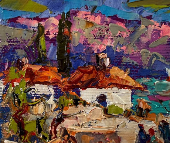 Image 1 of Original Oil Painting Rural Life Landscape Edge of the Village