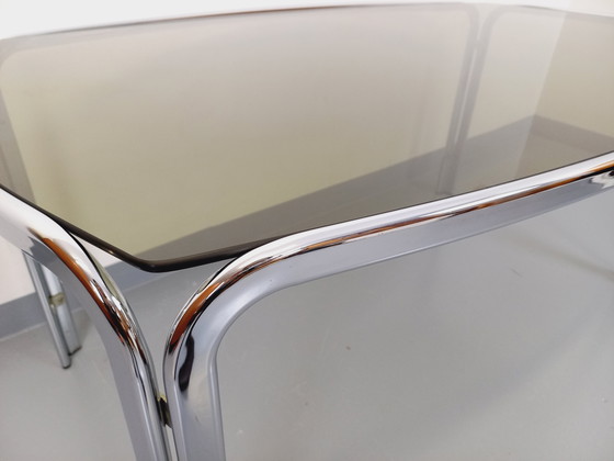 Image 1 of Incurved Rectangular Dining Table in Smoked Glass and Chrome Metal 70's Space Age Style