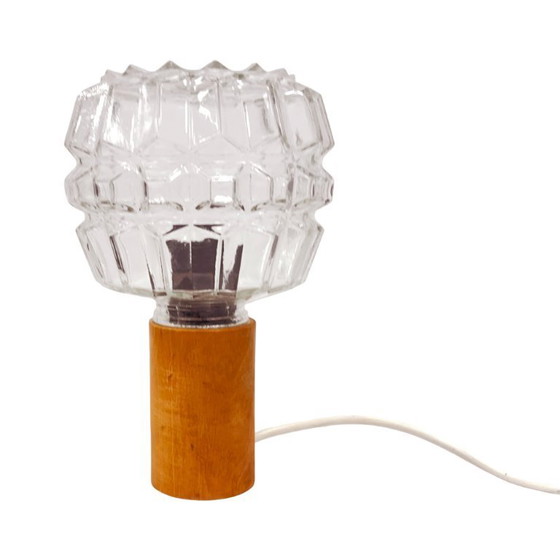 Image 1 of AKA Leuchten – vintage pressed glass and wood bedside lamp, Germany, 1970s.