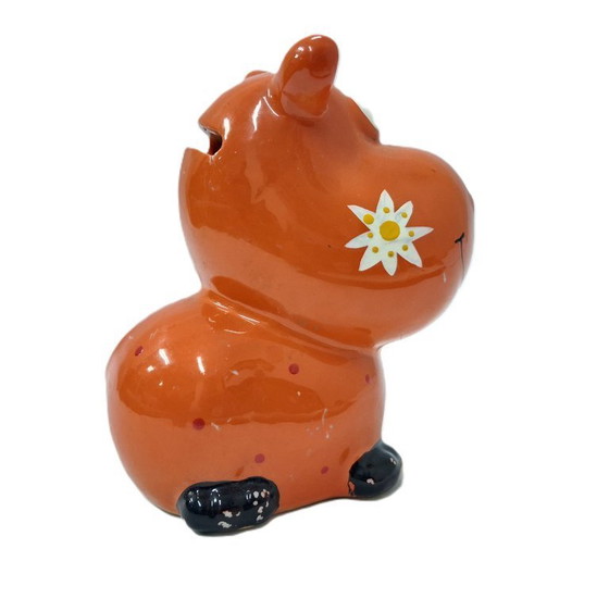 Image 1 of Vintage Ceramic Hippo Coin Bank – Whimsical Orange Folk Art 