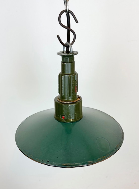 Image 1 of Industrial Petrol Enamel Military Pendant Lamp with Cast Aluminium Top, 1960s