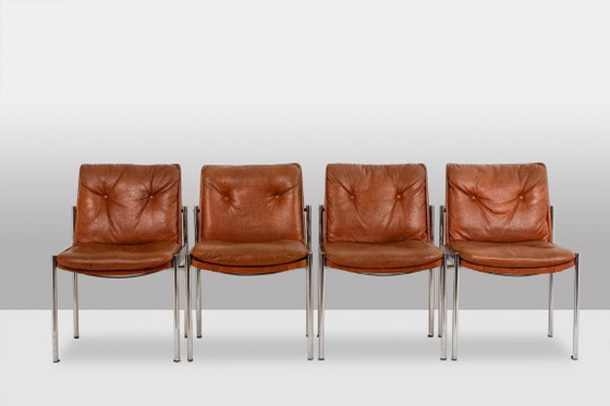 Image 1 of Set aus 6 Stühlen aus Leder und verchromtem Metall, 1970er Jahre