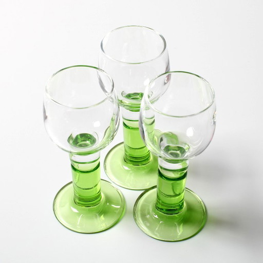 Set of 3 Vintage Limoncino Liquor Glasses / Green Stem Shot Stemware / Bormioli Rocco / Italy / 1970s