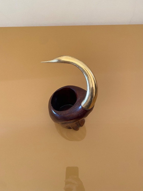 Image 1 of De Stijl Firenze Portabottiglie Legno Metallo Ottone Scultura Uccello anni '70