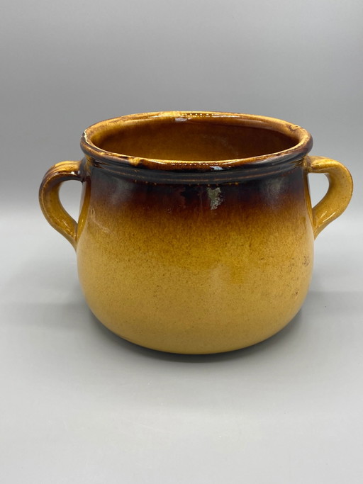 Olla de terracota esmaltada con dos asas – Esmalte color miel y marrón – servies