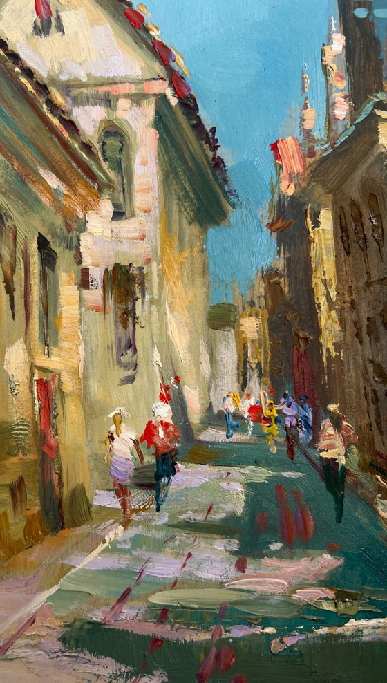 Image 1 of Dipinto ad olio originale, paesaggio urbano diurno. Persone che camminano per strada.