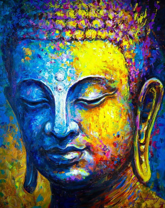 Image 1 of Unique hand-painted Buddha painting "Silent Strength" – Seksak Jaichumchen – 100 × 120 cm
