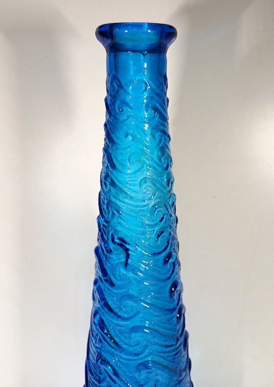 Vintage blue Empoli bottle – wave pattern (39 cm) – Vases, Glass (photo 3 of 5)