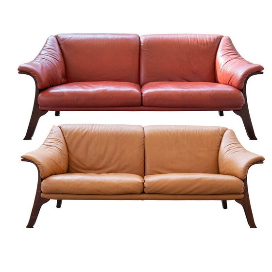 Image 1 of Pair of vintage Frau cognac and burgundy leather sofas, 1980s-1990s