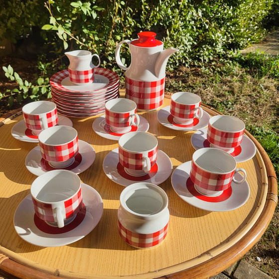 Vichy red and white checkered coffee/tea set, 1960-70, KRONESTER BAVARIA, Crockery, Porcelain, Vintage (photo 5 of 15)
