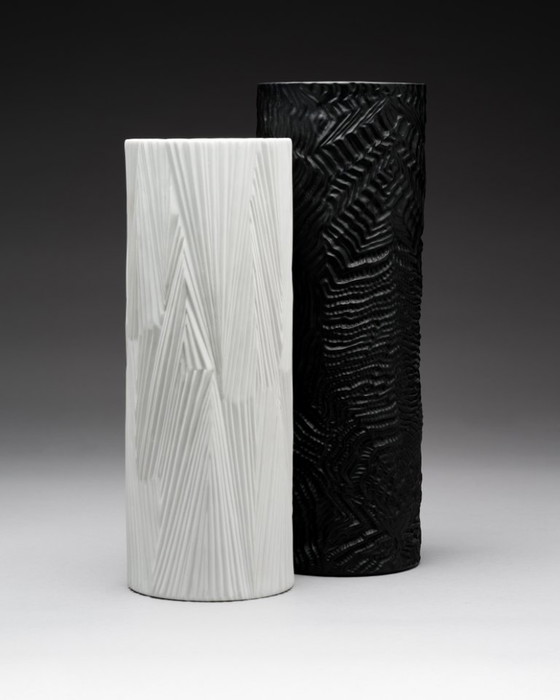 Image 1 of Rosenthal Vase Duo Martin Freyer Black & White Matte Porcelain Germany 1970s