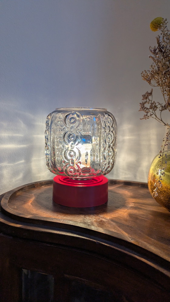Image 1 of Art Deco Smoked Glass Red Base Table Lamp Mid-Century