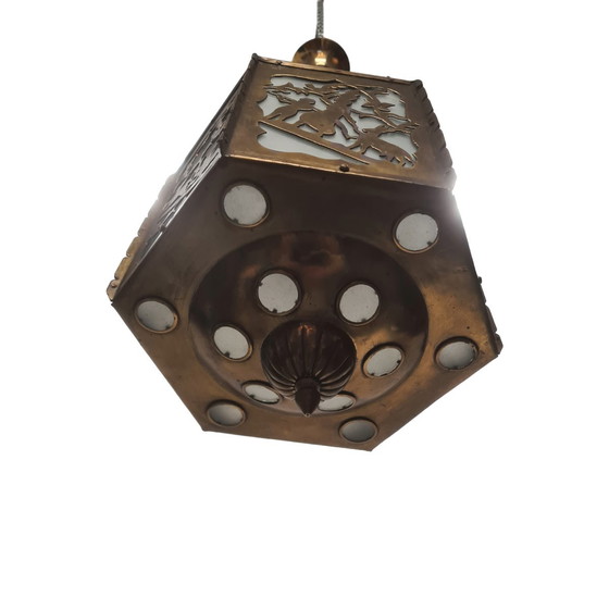 Image 1 of Lampada a sospensione antica in ottone traforato e segato, inizio XX secolo